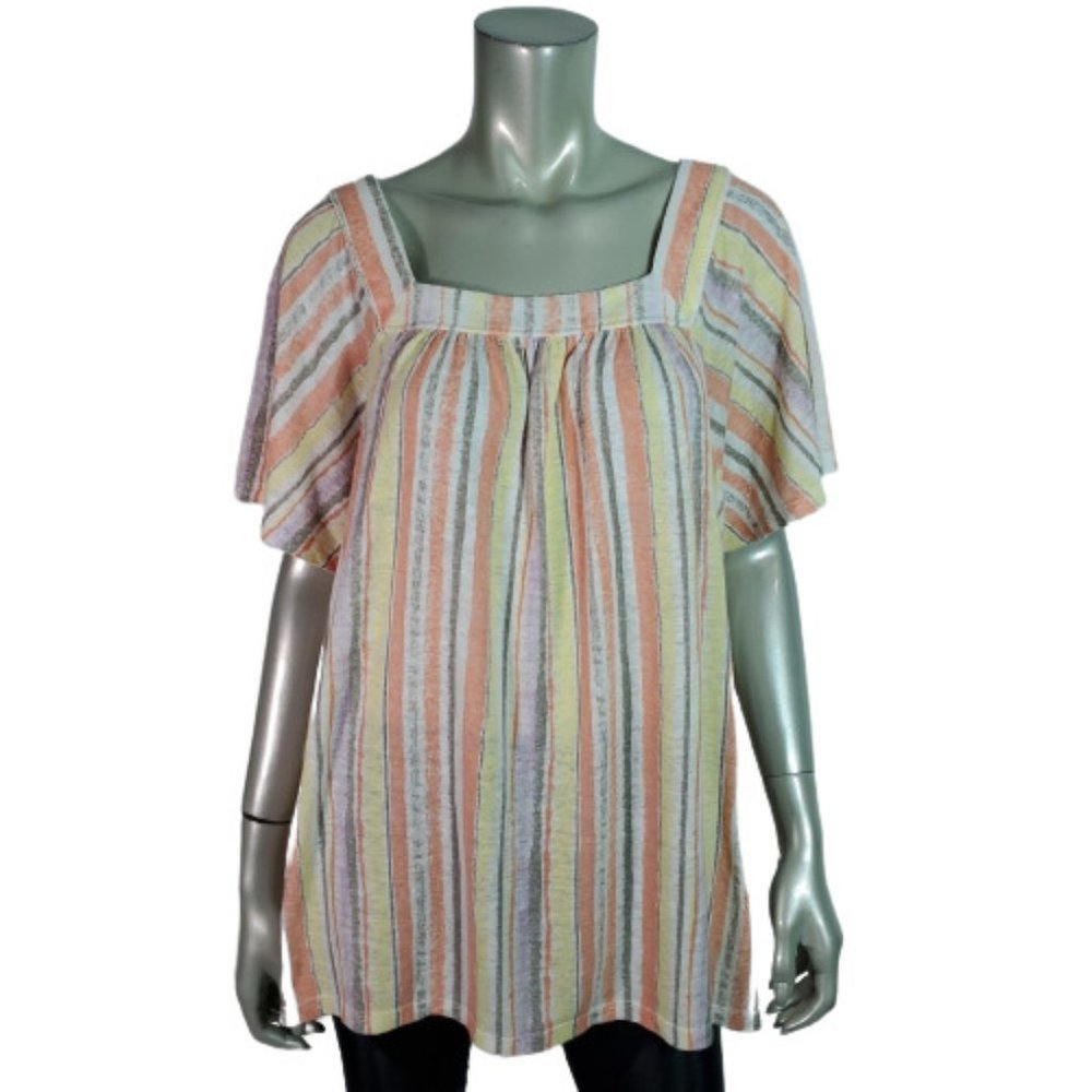 Evri Top Plus Size 1X Linen‎ Blend Stretch Square Neck Pullover Multicolor